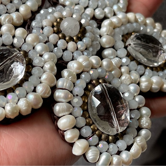 Mosaic Semi-Precious Stones Large White Bib Handmade 16" - 18" Necklace - Picture 3 of 15